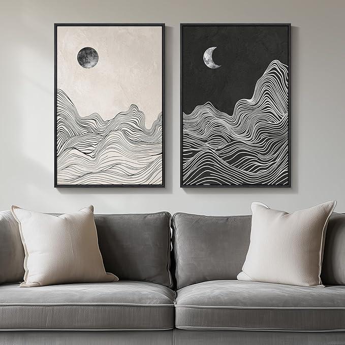Framed Black and White Abstract Wall Art, 2 Piece Modern Canvas Prints