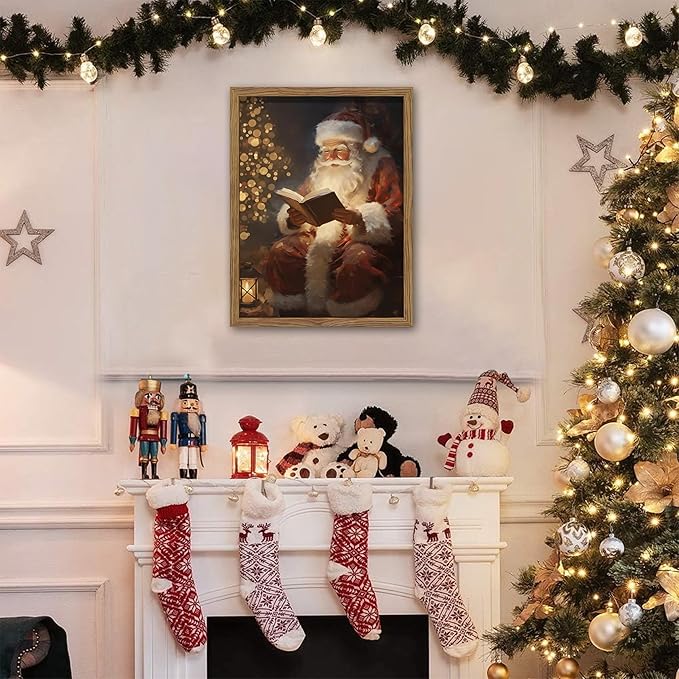 Framed Santa Christmas Wall Art, Vintage Santa Claus Reading Canvas Paintings