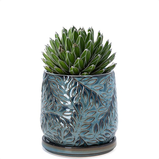 D'vine Dev 5 Inch Embossed Leaves Stoneware Planter Pot with Drainage Hole and Saucer, Ocean Teal, 27-A-V-8