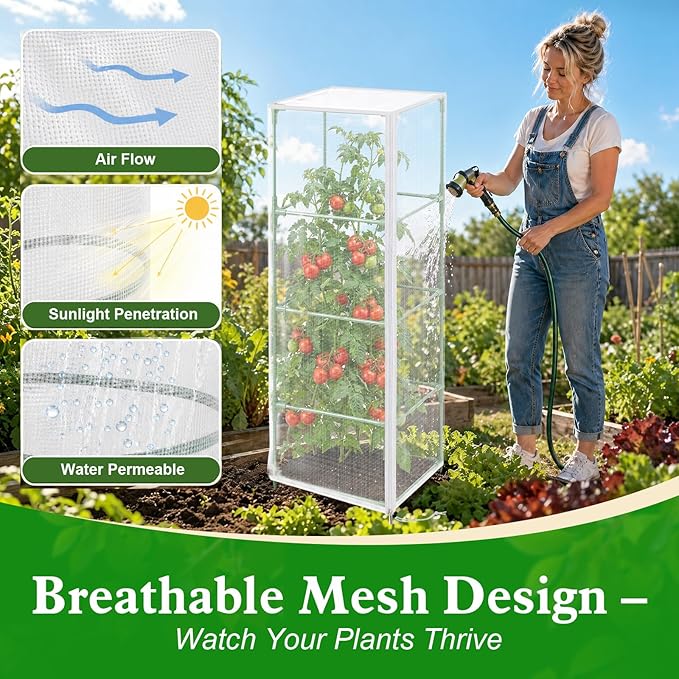6 Pcs Tomato Netting for Garden Protection, 57" X 17.7" X 17.7" Square Tomato Cage Insect Barrier Plant Netting Mesh Cover with Zipper & Drawstring, for Vertical Climbing Plants Vegetables Fruits