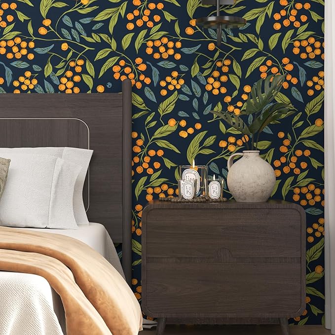 BOKEBEVE Blue Orange Green Wallpaper Peel and Stick Boho Leaves Floral Contact