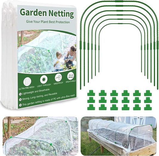 Garden Netting Kit for Raised Bed, 8X20FT Ultra Fine Mesh Netting with 6 Sets Garden Hoops & 18pcs Clips, Reusable Plant Row Cover Bird Netting for Garden Protection
