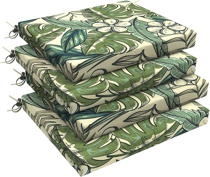 LVTXIII Outdoor Seat Cushions Seasonal Replacement Chair Cushions, Patio Chair Pads with Ties for Dining Chairs and Garden Furniture, Square Back, 18.5"x16"x2", 4 Pack, Tropical Paradise