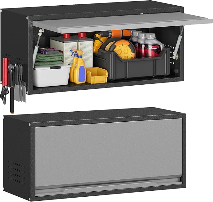Metal Garage Wall Cabinet with Up-Flip Door, Wall-Mounted Steel Storage Cabinet