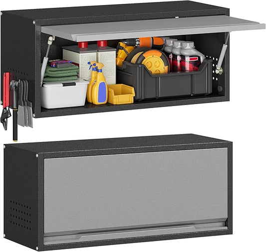 Metal Garage Wall Cabinet with Up-Flip Door, Wall-Mounted Steel Storage Cabinet