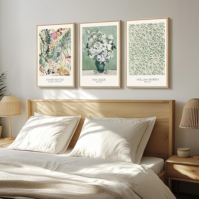 Framed Large Van Gogh Wall Art for Living Room, 3 Pieces Vintage Sage Green