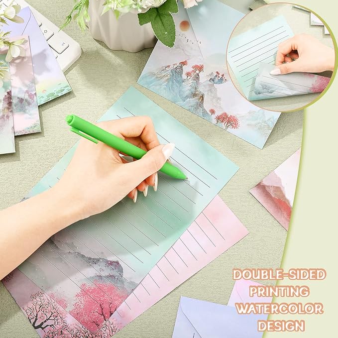 TaoBary 160 Pcs Stationery Paper Set 50 Double Sided Stationery Papers with 50 Matching Envelopes and 60 Round Dot Sticker, 10 Design(Ink Painting,5.5 x 8.25 Inch)