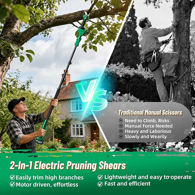 2-in-1 Pole Pruning Shears, 2.5''/64mm Electric Pruning Shears with Pole, Electric Tree Pruner with 10FT Reach Extension Pole - SK7 Blade, Longer Runtime, 2×4.0Ah Battery, For Tree & Garden Trimming