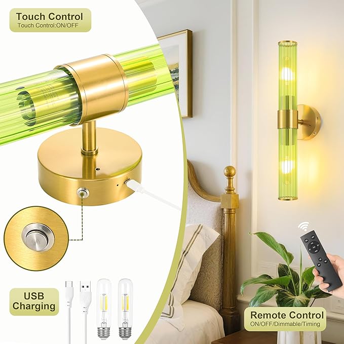 Morauroral Gold Battery Operated Wall Sconces Set of 2, Rechargeable Wall Lights