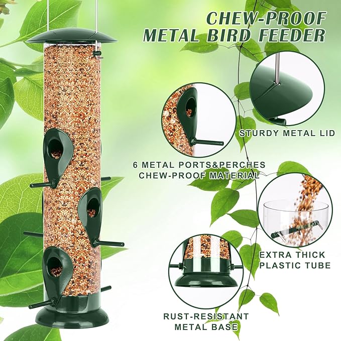 FEED GARDEN Metal Bird Feeder - 6 Port Tube Feeder for Outdoors, Heavy Duty Squirrel Proof with Metal Lid, Easy Fill & Clean, Weather Resistant, 13 Inch 2 Pack