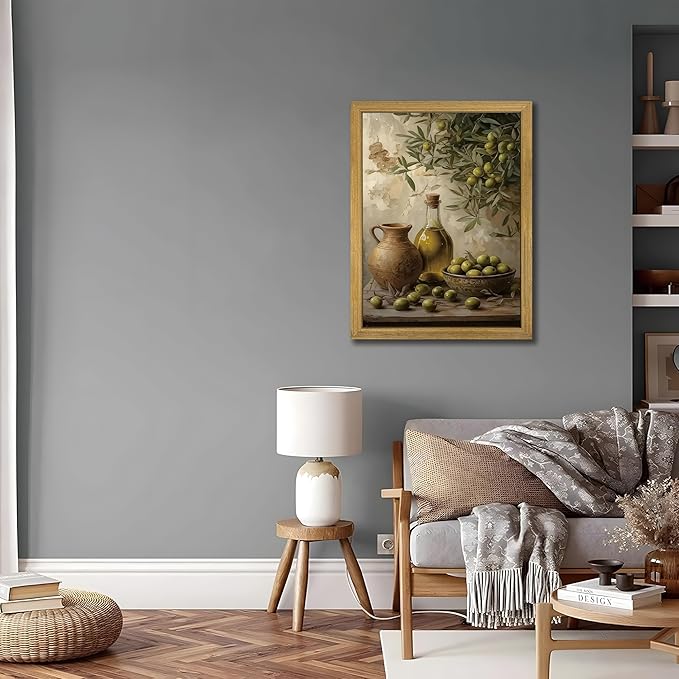 Wood Framed Olive Kitchen Wall Art, Vintage Rustic Still Life Canvas Print