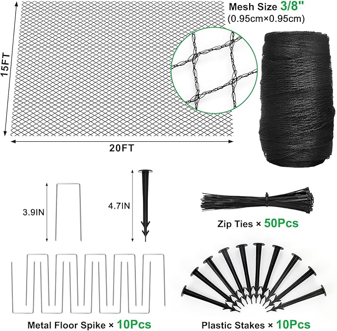 Pond Netting Kit, 15 x 20 Feet Pond Covers for Outdoor Fish Ponds,Pond Net Floating Guard Protect Fish Koi from Birds Cats, Herons,30g/㎡ Mesh Leaves Catcher(20pcs Stakes Included)