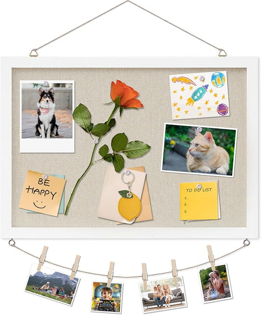 DAHAPYBOO Cork Board with Linen White, Bulletin Board 17"x12" Hanging Corkboards