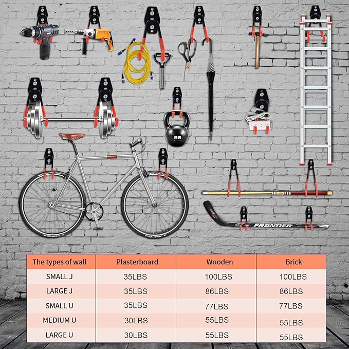 16 Pack Garage Hooks Heavy Duty, Industrial Wall Mount Garage Storage Hooks for Hanging Bike, Ladder and Garden Tools, Organization System with Mop Broom Holders, 100 LBS Capacity, Orange