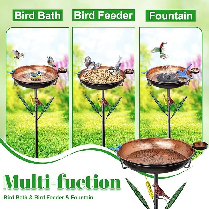 2-in-1 Bird Baths for Outside, 11.8" W Metal Bird Feeder Water Bowl with 5 Prongs Base, 33.5" Vintage Freestanding Garden Birdbaths for Outdoors Patio Yard Lawn Art Decor