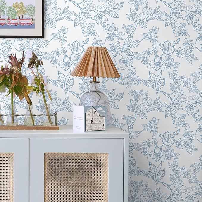 Ismoon Peel and Stick Wallpaper Blue and White Contact Paper Modern Flroal Wall