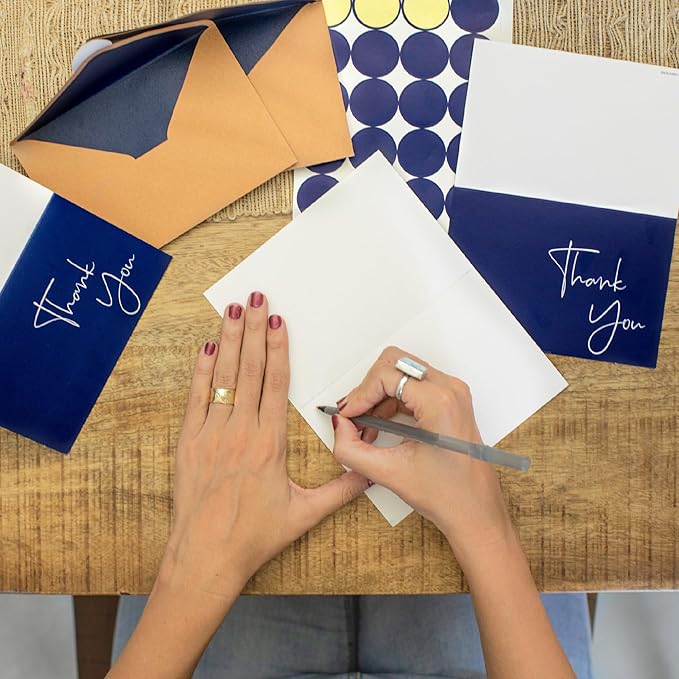 VNS Creations Thank You Cards With Envelopes Bulk Set & Stickers - 100 Pack 4x6 Blank Thank You Notes Bulk Box Set - Large Note Card Small Business, Wedding, Baby Shower & Bridal Shower - Navy Blue