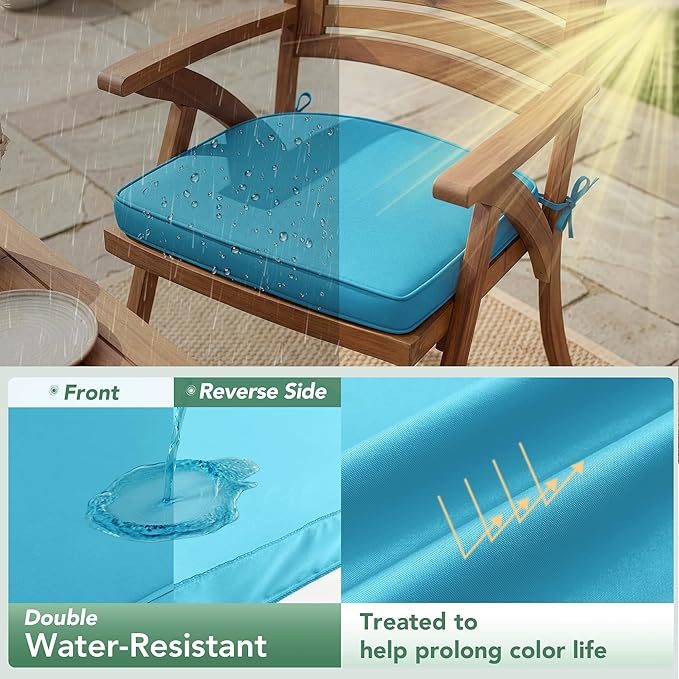 Outdoor Chair Cushions Set of 2: Waterproof & Fade Resistant Patio Furniture Cushions - 18.5 x 16 x 2 Inch Non Slip Round Corner Seat Cushion Pads with Removable Cover for Garden Yard Lawn, Teal