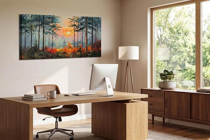 Ardemy Sunset Pines Wall Art Hand-Painted Texture Forest Canvas Painting