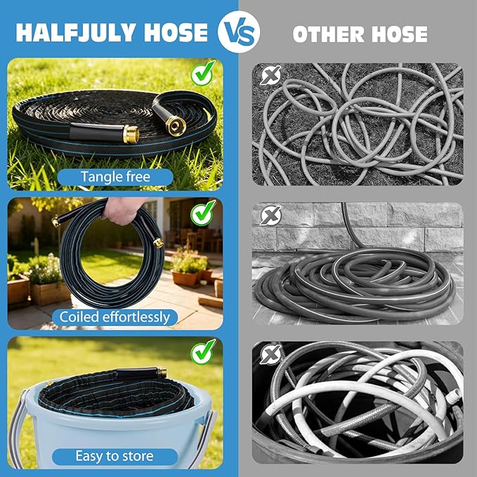 Halfjuly Garden Hose 50FT, Flat Non-Expandable Lightweight Water Hose, Durable Flexible Heavy Duty No Kink Design with 3/4" Fittings, 10 Way Spray Nozzle for Outdoor Yard Lawn