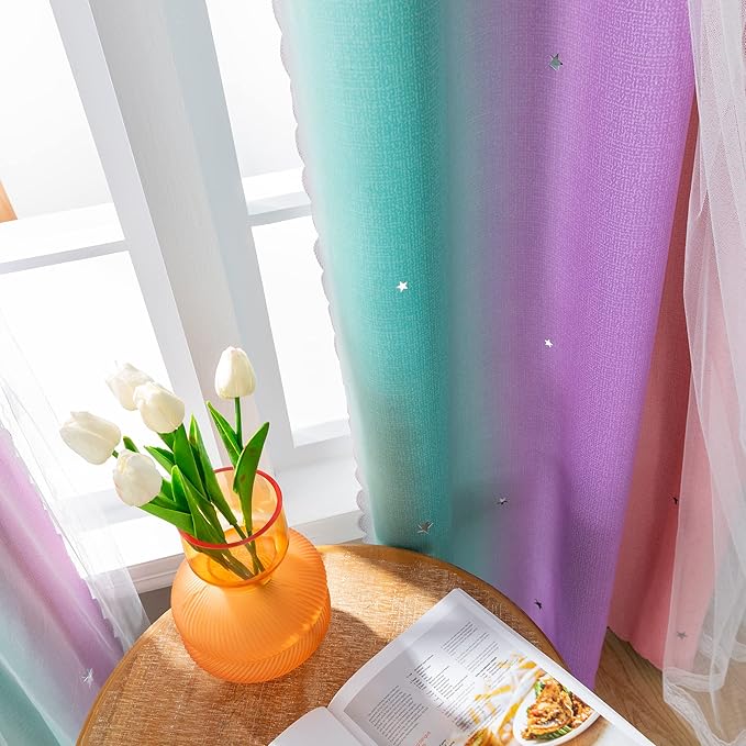 XiDi Curtains for Bedroom Kids Rainbow Pink Purple Green Curtains for Girls