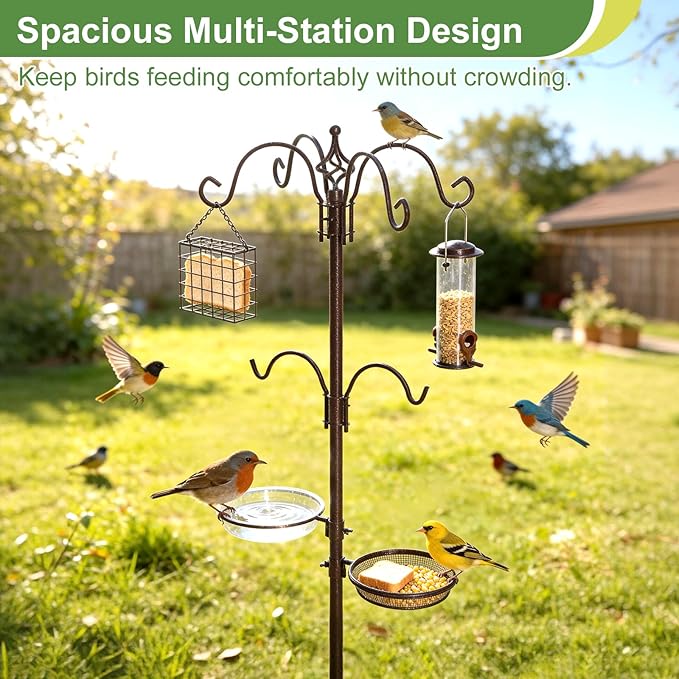 94" Bird Feeding Station Kit with Multiple Hooks, Heavy Duty Metal Bird Feeding Station with Seed Tray & Mesh Basket, Easy Assembly Ground Mounted Bird Feeder Pole for Garden Yard Outdoor