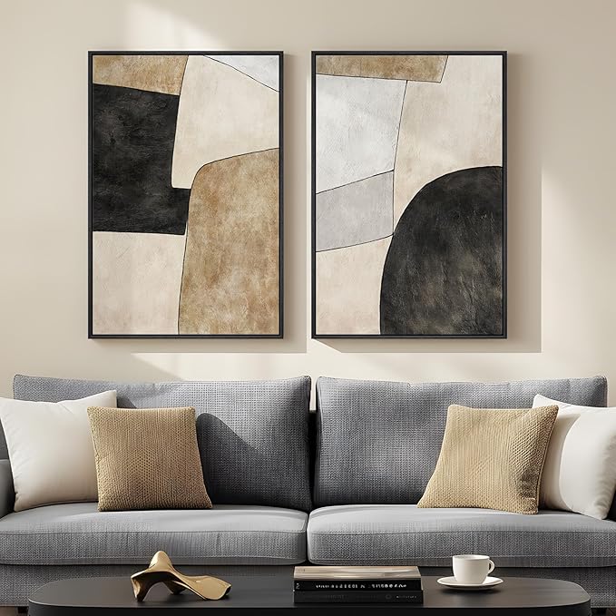 Framed Beige Black Abstract Wall Art