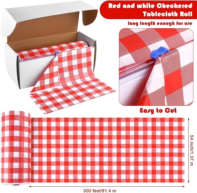 Kochorie 54 Inch x 300 Ft Red Checkered Plastic Table Cloth Roll Disposable