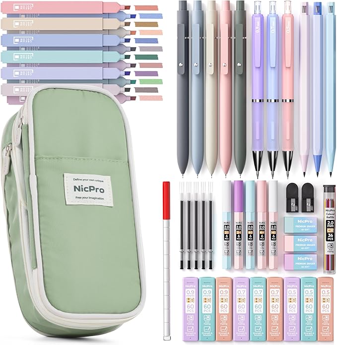 Nicpro 50PCS Aesthetic School Supplies with Cute Pencil Case, 5 Quick Dry Black Ink Pens, 12 Pastel Highlighters, 6 Mechanical Pencil 0.5, 0.7, 0.9 & 2.0 mm for Students Stationary College Essentials