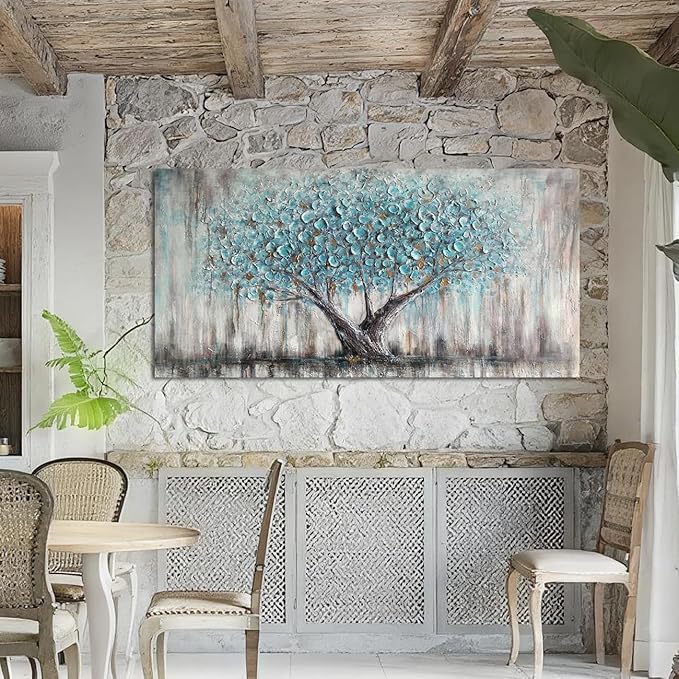 Arjun Tree Wall Art Canvas for Living Room Blue Tree of Life Nature Teal Abstract Painting, Textured Picture Modern Panoramic Landscape Artwork Large Framed Bedroom Home Office Decor 48"x24"