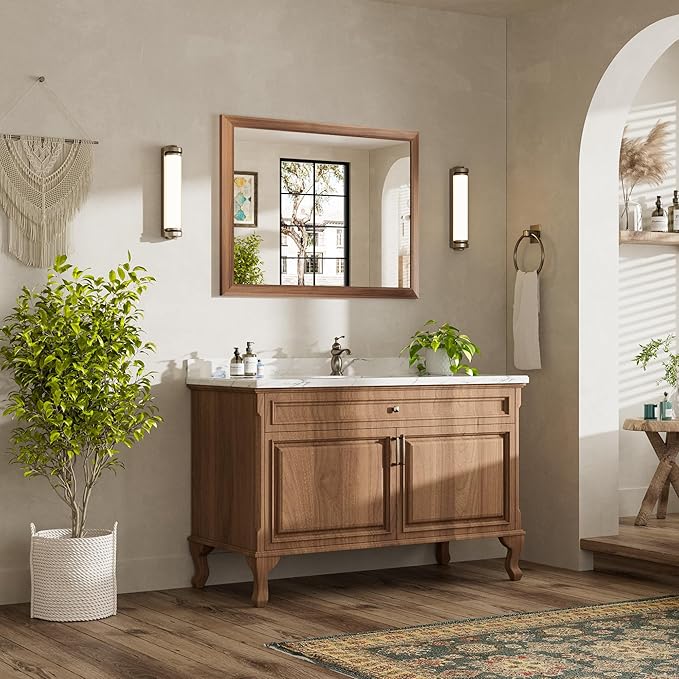40x30 Inch Bathroom Mirror for Wall, Anti-Rust Walnut Wood Grain Metal Framed