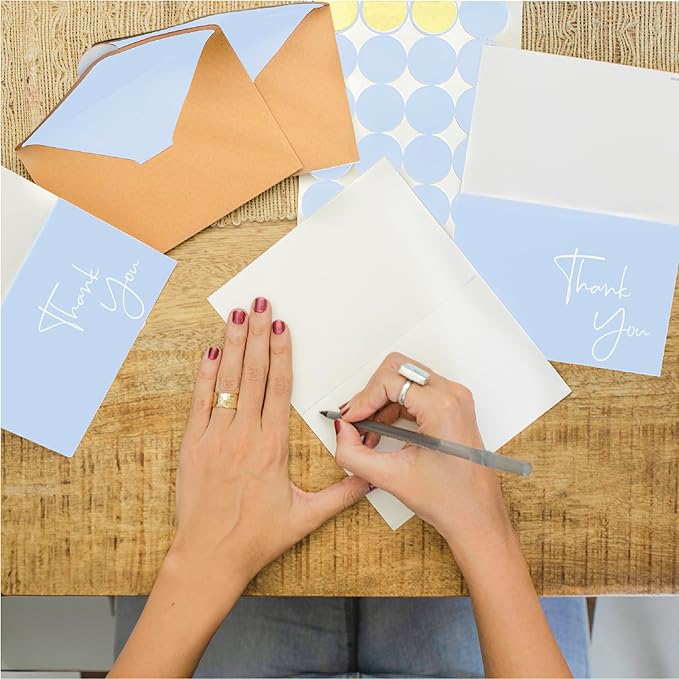 VNS Creations 20 Pack Thank You Cards With Envelopes, Stickers, 4x6 Inch Blank Thank You Notes - Bulk Box Set Large Notes for Graduation, Wedding, Small Business, Baby & Bridal Shower - Light Blue