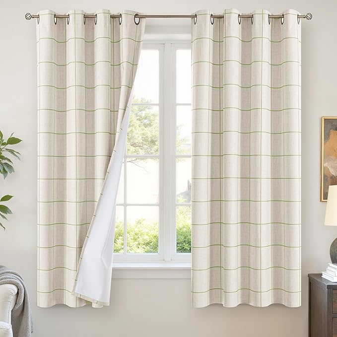 Lajode Sage Green Plaid Linen Blackout Curtains