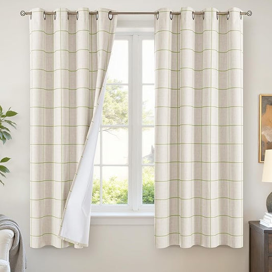 Lajode Sage Green Plaid Linen Blackout Curtains