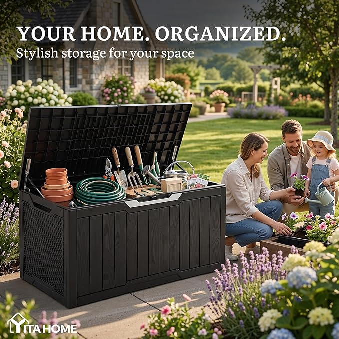 YITAHOME 100 Gallon Large Outdoor Storage Box, Water Resistant Resin Deck Box w/Silver Decorative PVC Trim Pane, Lockable Rattan Storage Container for Patio, Garden, Cushions, Tools(Black & Silver)