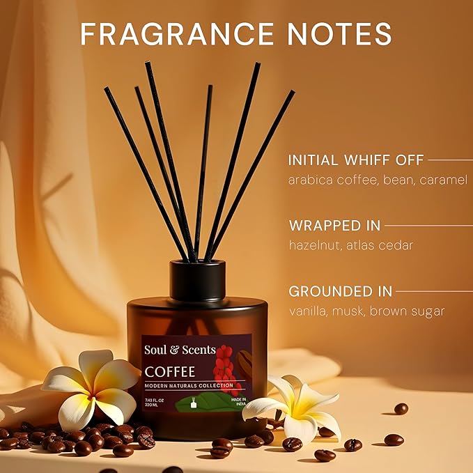Soul & Scents Reed Diffuser Set – Coffee | 7.43 oz Refillable Scented Oil with 6 Fiber Sticks | Long-Lasting Home Fragrance & Air Freshener for Bedroom, Bathroom, Office | Gift & Décor Piece