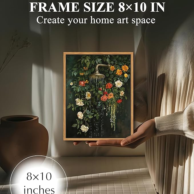 Floating Framed Floral Shower Wall Art, Vintage Botanical Flower Canvas Print