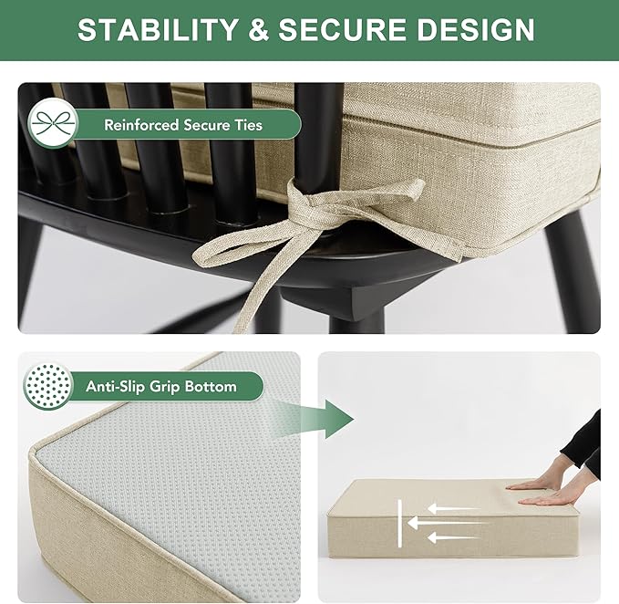 Summsun Patio Chair Cushions 24 x 24 Inch, Faux Linen Outdoor Furniture Cushions, Water Resistant Backrest and Deep Seat Cushion Set with Ties, Removable Cover, Non-Slip Bottom, Beige
