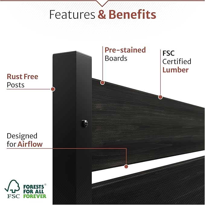 5ft H x 3.2ft W No Dig Charcoal Wood Privacy Screen, Great to Hide Trash Cans