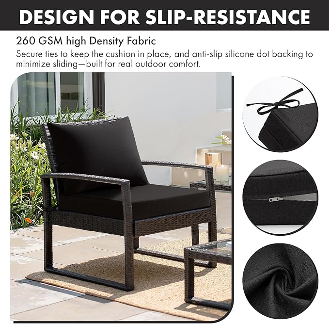 MIULEE Black Outdoor Chair Cushion 22x22 Inch for Patio Furniture Linen Textured Waterproof & 3 Year Color Fastness Seat and Back Couch Cushion with Ties No Slip Design