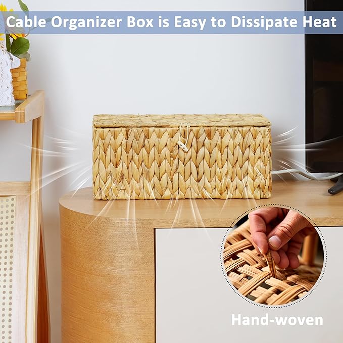 efluky Hand-Woven Cable Management Box with Lid, Water Hyacinth Cord Organizer Box to USB Wire, Power Strip & Charger, 2 Open Slots Cable Box for TV Table, Office Desk & Floor, Natural