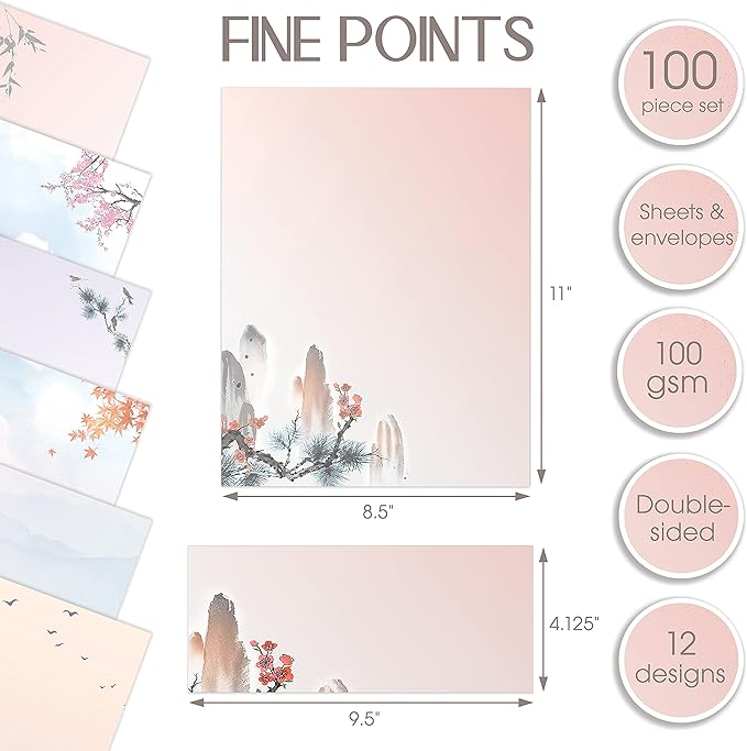 Better Office Products Japanese Watercolor Stationery Paper Set, 100 Piece Set (50 Sheets + 50 Matching Envelopes), Letter Size 8.5 x 11 inch, 9 Designs, Double Sided Printing Paper,