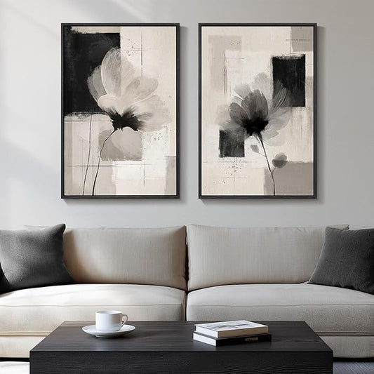 Framed Neutral Abstract Floral Wall Art, 2 Piece Black and Beige Minimalist