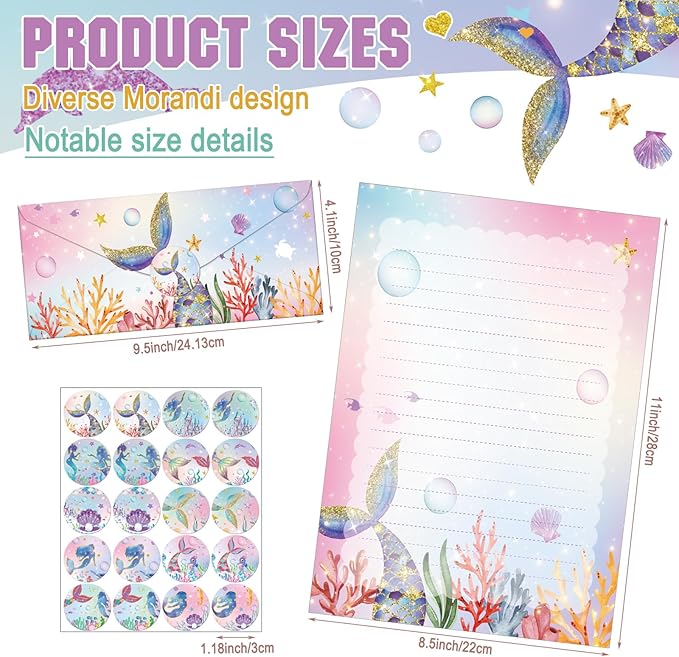 TaoBary 160 Pcs Stationery Paper Set 50 Double Sided Stationery Papers with 50 Matching Envelopes and 60 Round Dot Sticker, 10 Design(Mermaid,8.5 x 11 Inch)