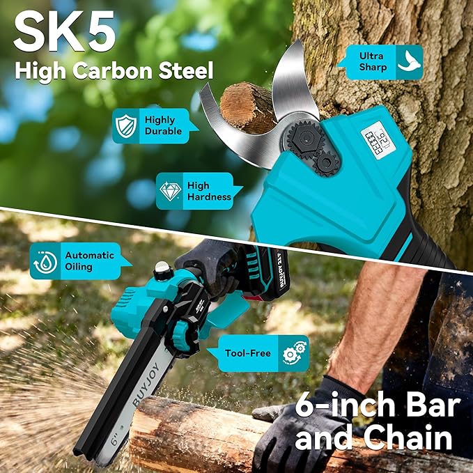 4-in-1 Pole Saw & Electric Pruning Shears, 1.4" Cutting Diameter Cordless Pruner, 6 Inch Chainsaw for Tree Trimming, 9.5ft Max Extension Pole, 2 x 4.0Ah Batteries, Battery Powered Pole Saw for Garden