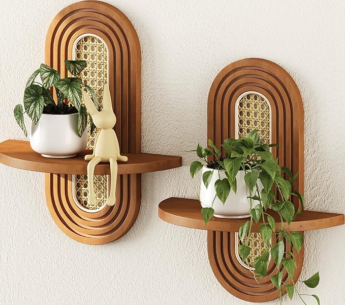 Floating Shelves for Wall, Boho Home Wall Decor, Rattan Plant Shelf Set of 2