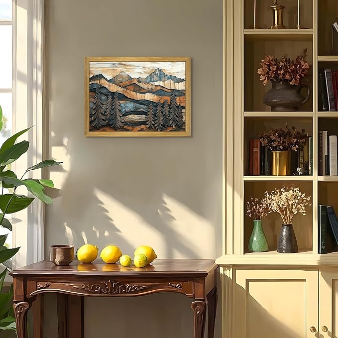 Vintage Boho Mountain Wall Art, Framed Landscape Canvas Wall Art, Nature Forest