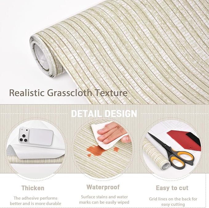 MelunMer Grasscloth Peel and Stick Wallpaper 17.3"x78.7", Contact Paper