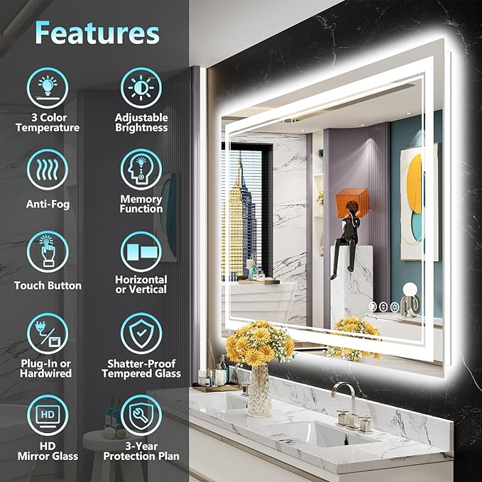 48x36 LED Bathroom Mirror with Lights, Backlit and Front Lit Anti-Fog Lighted