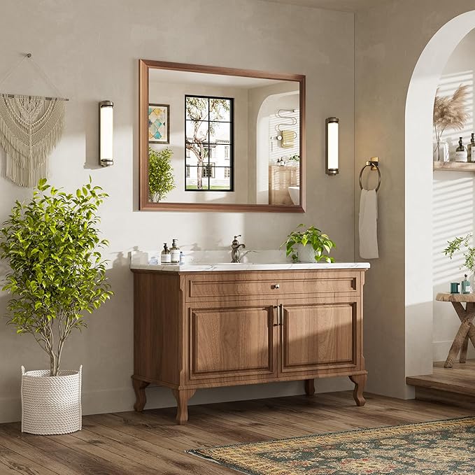 48x36 Inch Bathroom Mirror for Wall, Anti-Rust Walnut Wood Grain Metal Framed